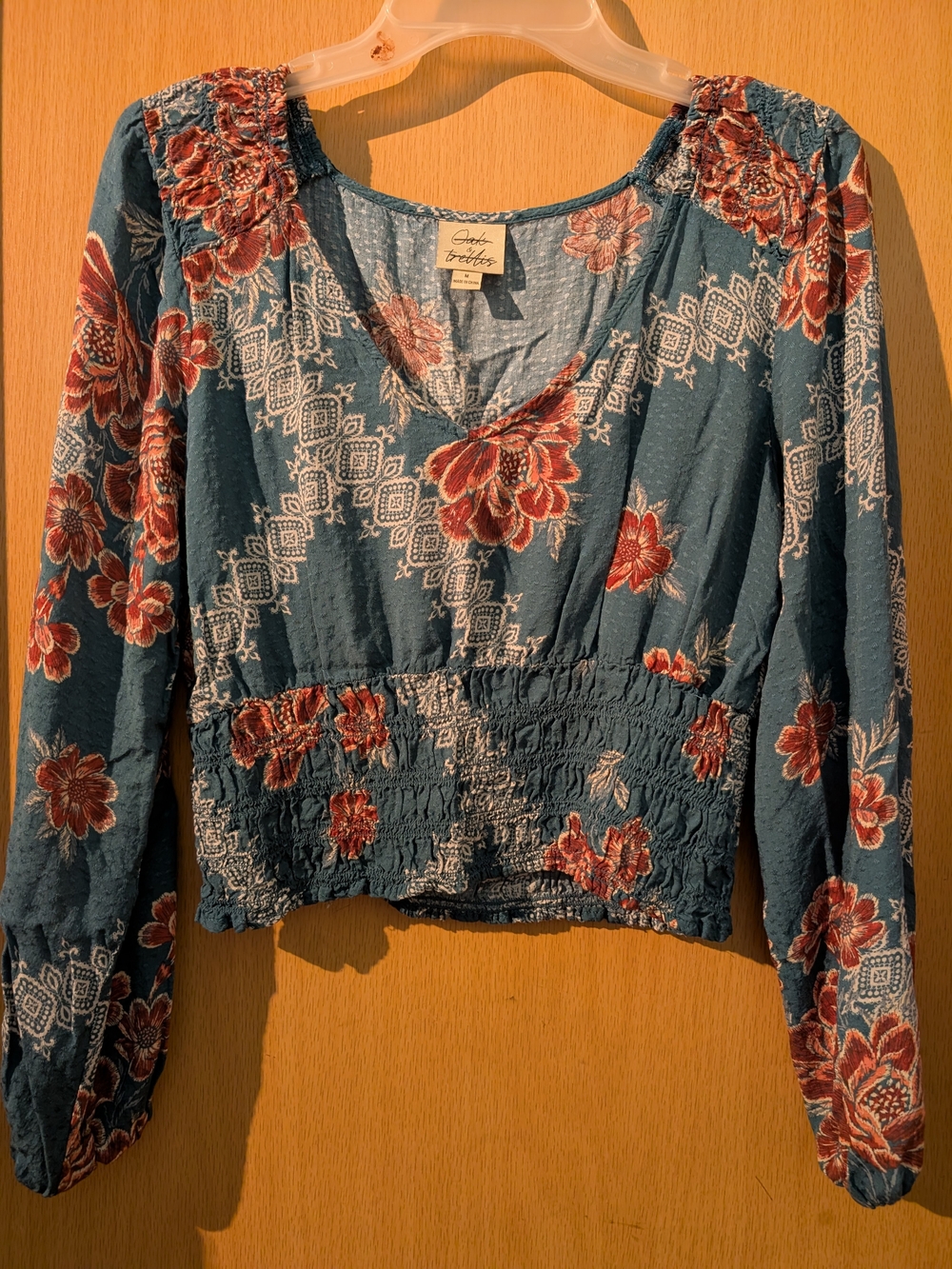 Oak And Trellis - Floral Smocked Waist Long-Sleeve Top - Teal with Rust Flowers